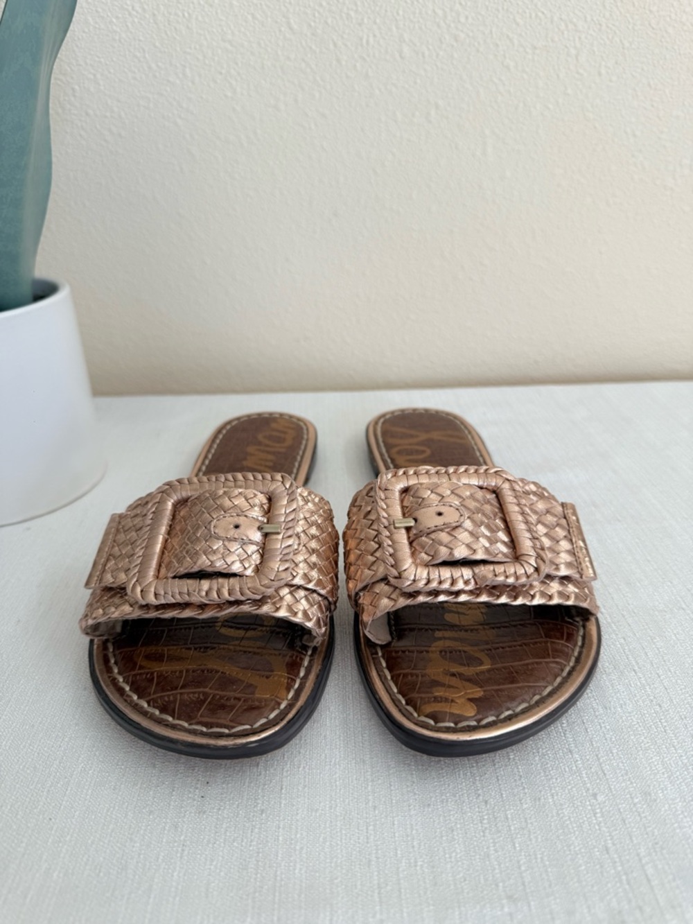 Sam Edelman Gavriela 2 Rose Gold Woven Leather Buckle Slide Sandals - Picture 5 of 11